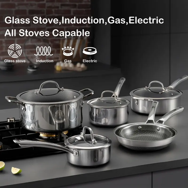 10-Piece Hybrid Nonstick Cookware Set with Lids – Stainless Steel