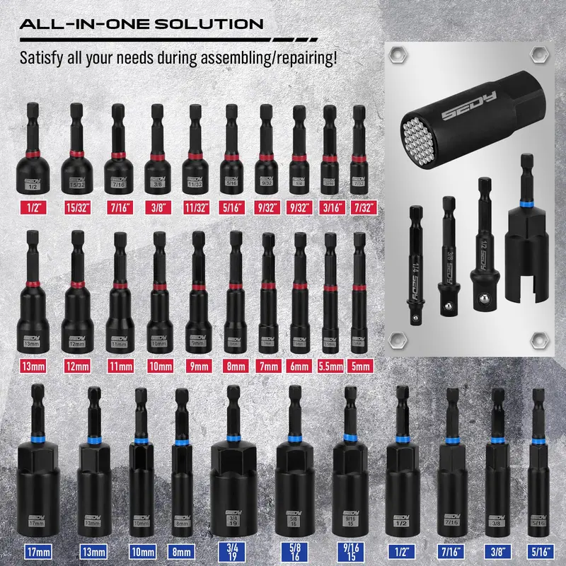 41/59/80-Piece Magnetic Impact Nut Driver Set, Metric & SAE Fastener Tool Kit for Home & Auto Repair