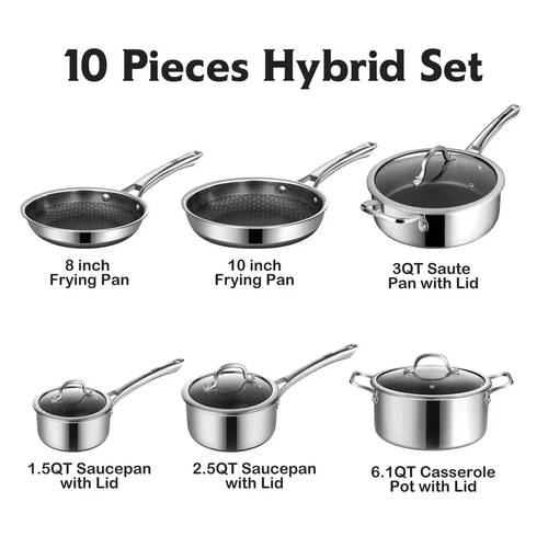 10-Piece Hybrid Nonstick Cookware Set with Lids – Stainless Steel
