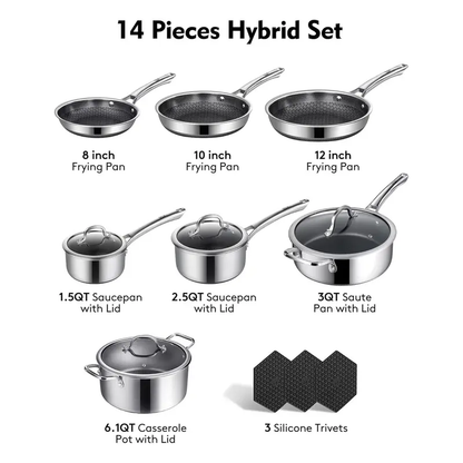 10-Piece Hybrid Nonstick Cookware Set with Lids – Stainless Steel